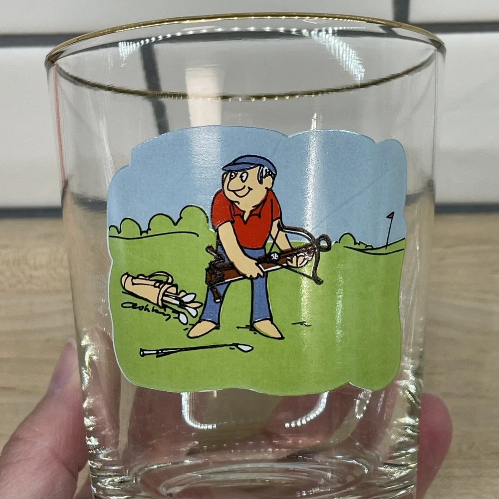 Vintage Ashby Glasses 8pc Golf Funny‎ Cartoon Low Ball Whiskey Man's Cave Decor
